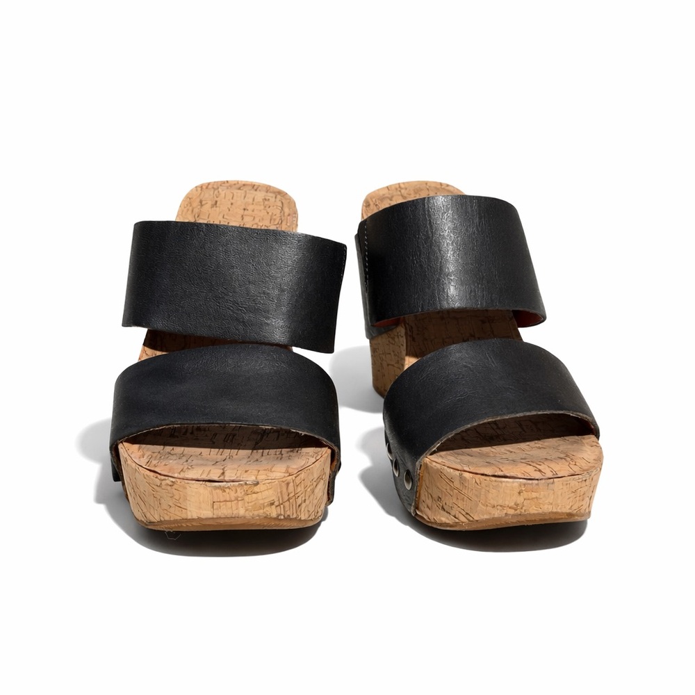Lucky Brand Magnolia Cork Wedge Sandals Black Leather Slides Boho Comfort Size 8 - Picture 4 of 13